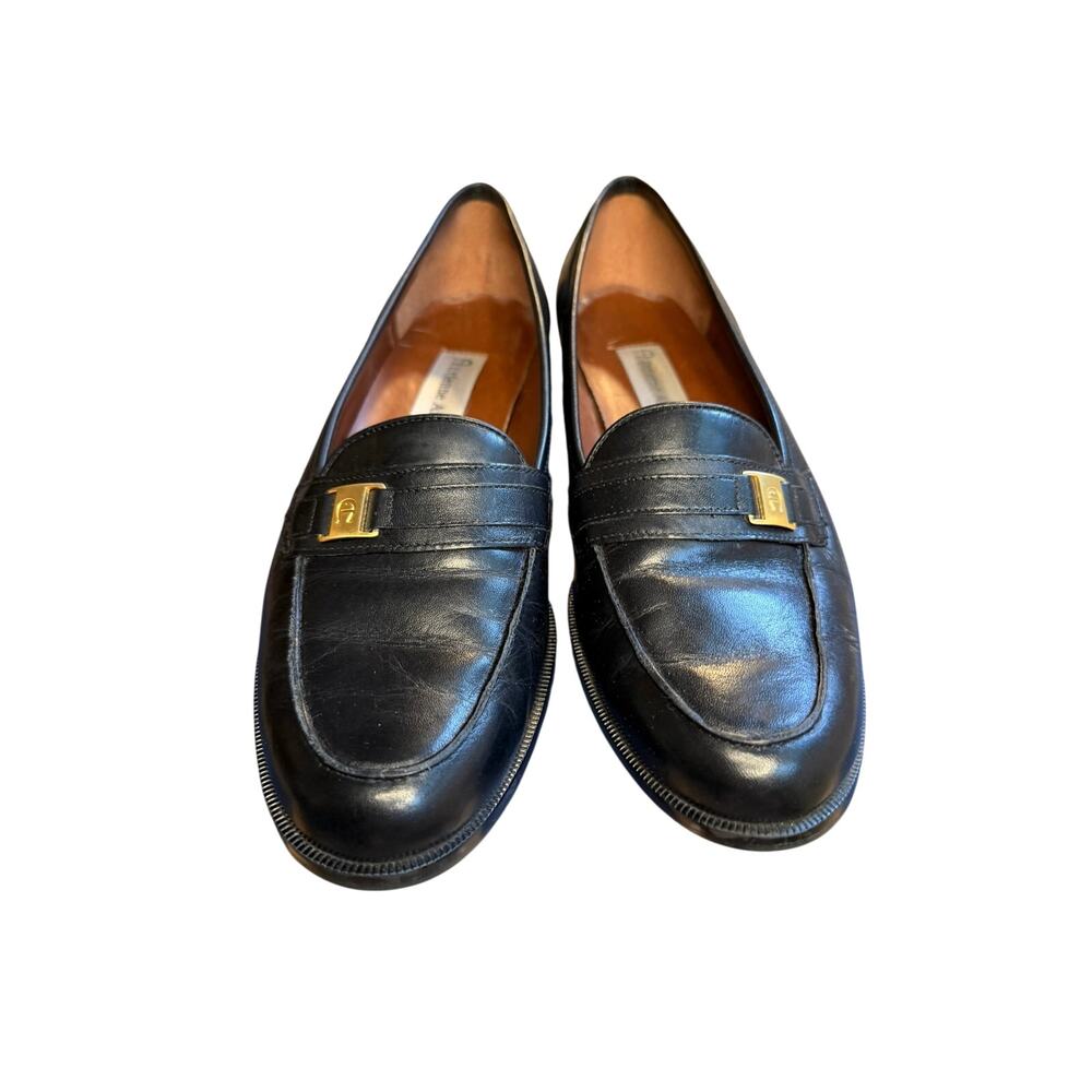 Etienne Aigner Camelot Black Leather Loafers | Size 7.5 M | Gold Logo Plaque - Picture 2 of 8